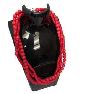 Multi-Strand Red Beaded Necklace With Gold Toggle Clasp For Women